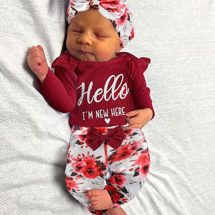 Newborn Baby Girl 'Hello I'm New Here' Romper Set Includes Floral Pants, Hat, Headband, & Coming Home Outfit - Image 9