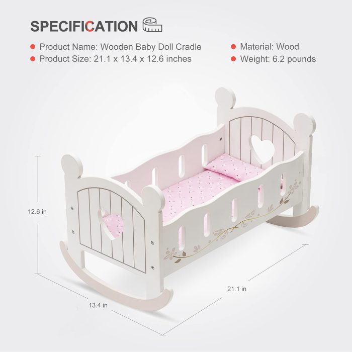 ROBOTIME Wooden Doll Cradle Rocking Baby Doll Crib Reversible Doll Bed For Dolls Girl,Fits Dolls Up To 18 Inches - Image 5