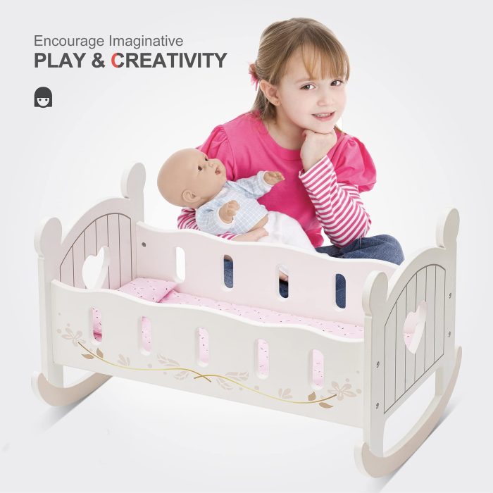 ROBOTIME Wooden Doll Cradle Rocking Baby Doll Crib Reversible Doll Bed For Dolls Girl,Fits Dolls Up To 18 Inches - Image 2